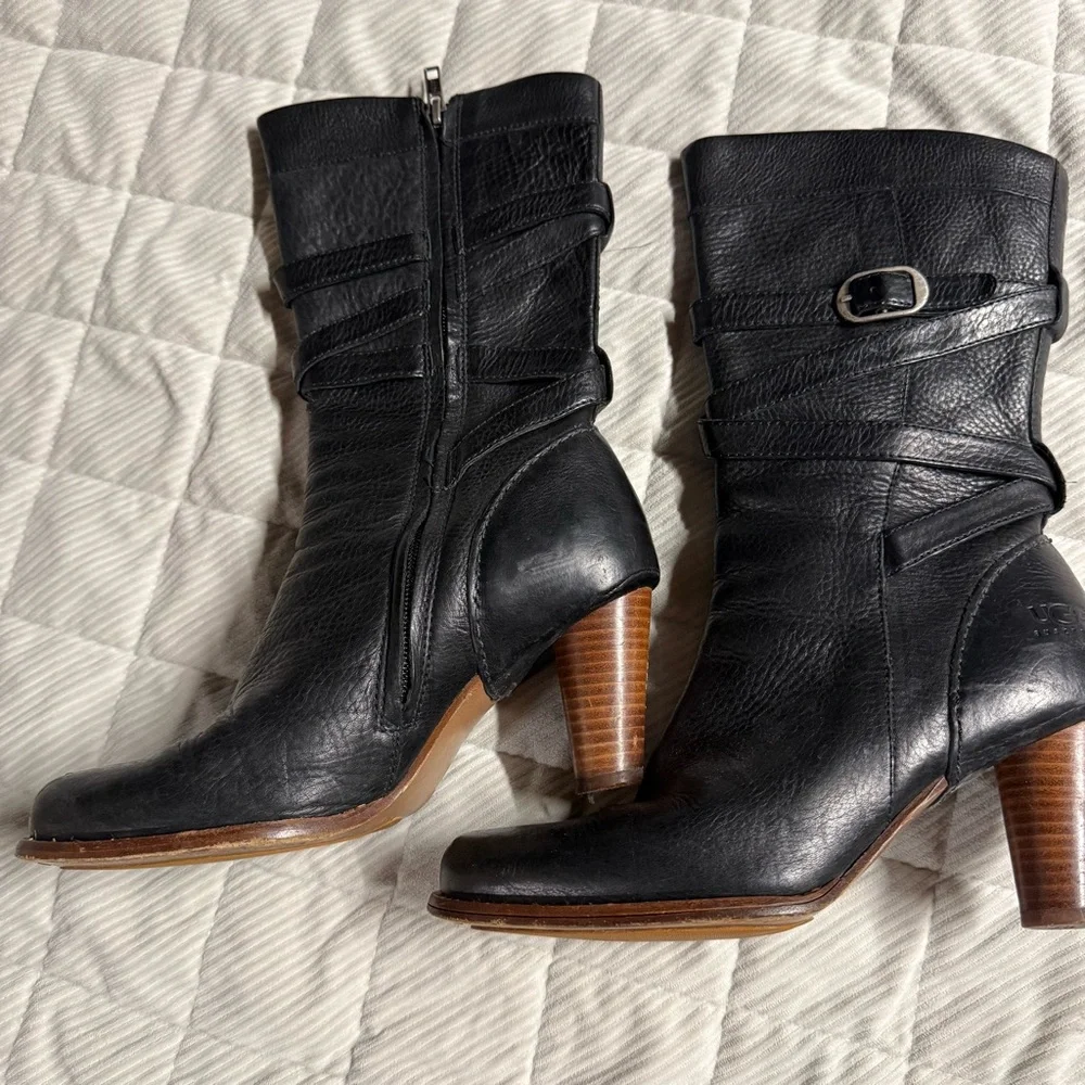 UGG 5454 Caroline Mid Calf Leather Heel Boot, Size 7.5 7 1/2 Black - Picture 3 of 16